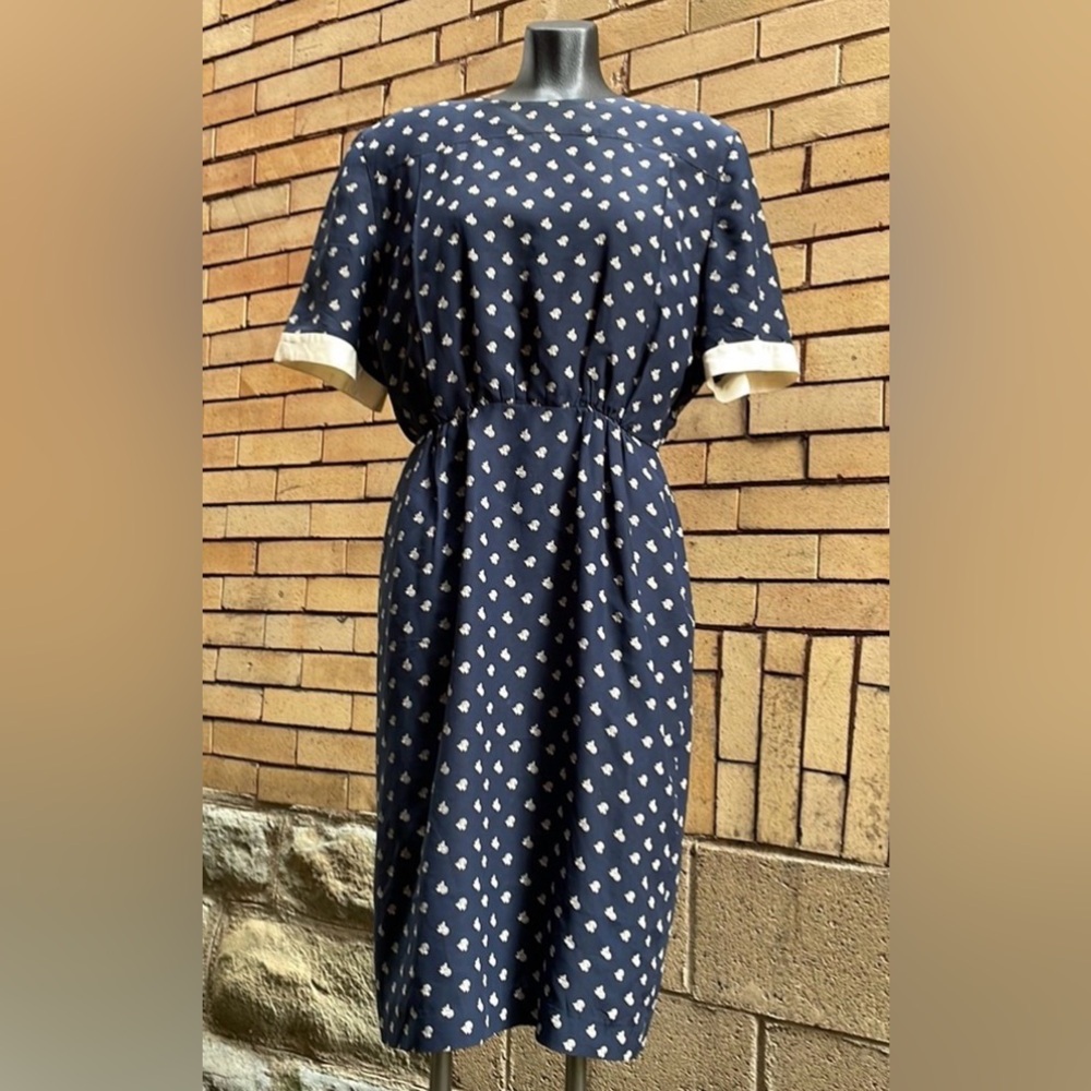 Vintage Oleg Cassini 100% Silk Navy Micro Floral Dress Size 6